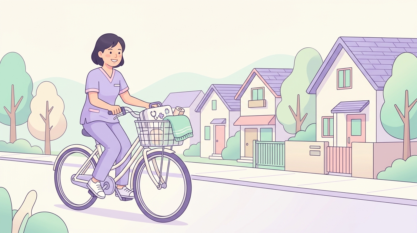 自転車で訪問先へ向かう看護師のイラスト