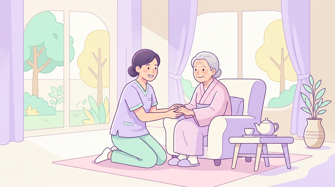 訪問看護師が自宅で利用者に寄り添う様子のイラスト