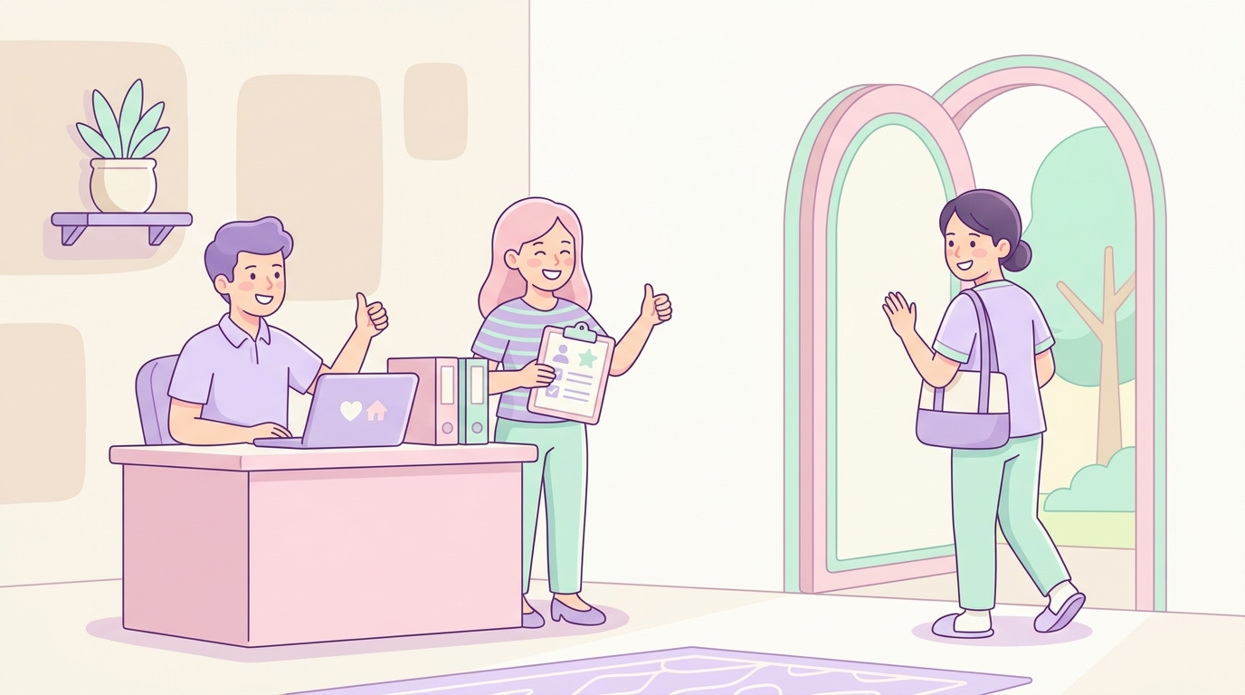 裏方から訪問看護師を支えるサポートチームのイラスト